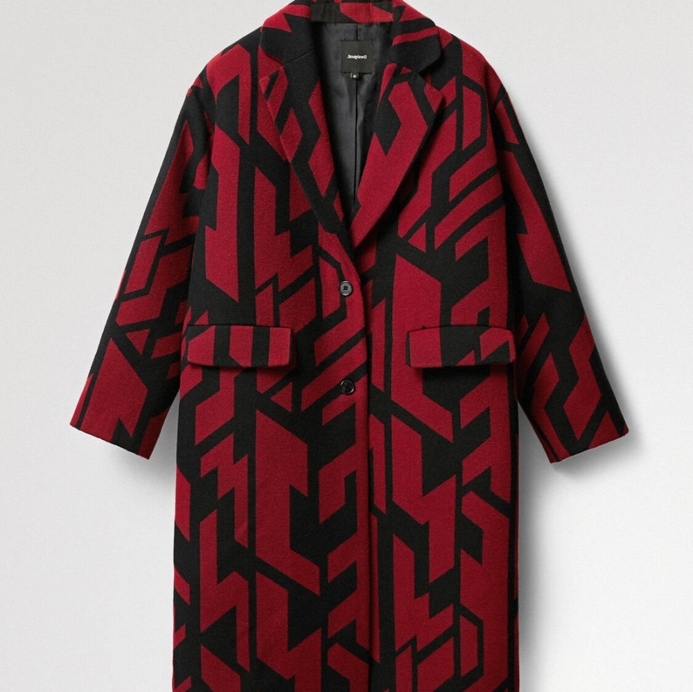Desigual designer geometric print black and red coat